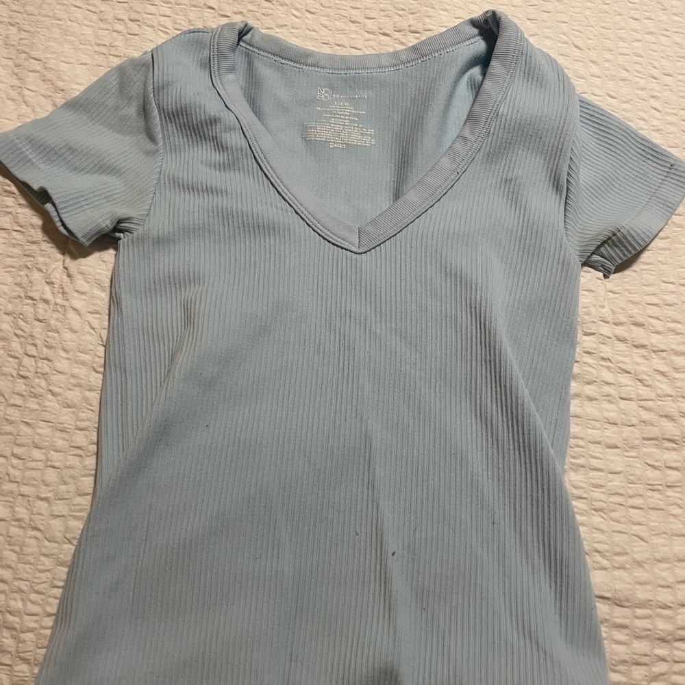 Women’s baby Blue ribbed v-neck top, perfect for a casual look